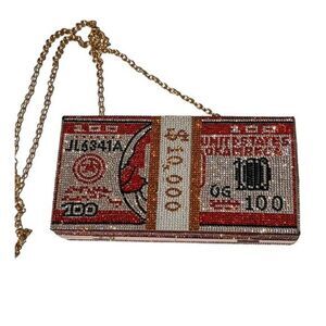 Crystal 100 Dollar Bill Clutch Handbag Money Purse Crystal Embellished Red
